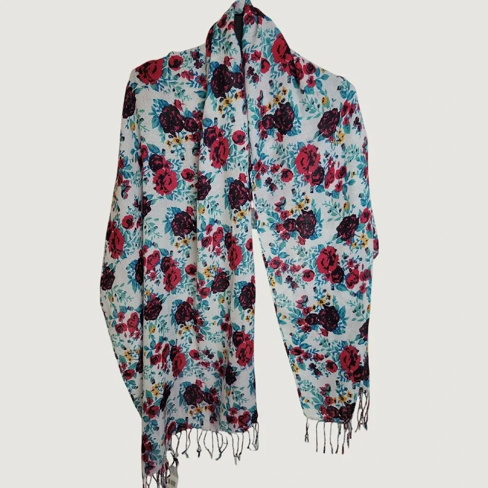 Pashmire Scarf Floral Print Fringe Wrap Shawl Cottagecore Boho White Red Teal